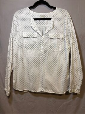 L.L. Bean White Henley Blouse with Blue Microdot Print